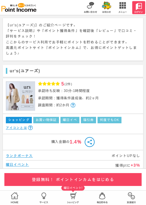 ur's(ユアーズ)の掲載記録画像（ポイントインカム・2026年3月15日）