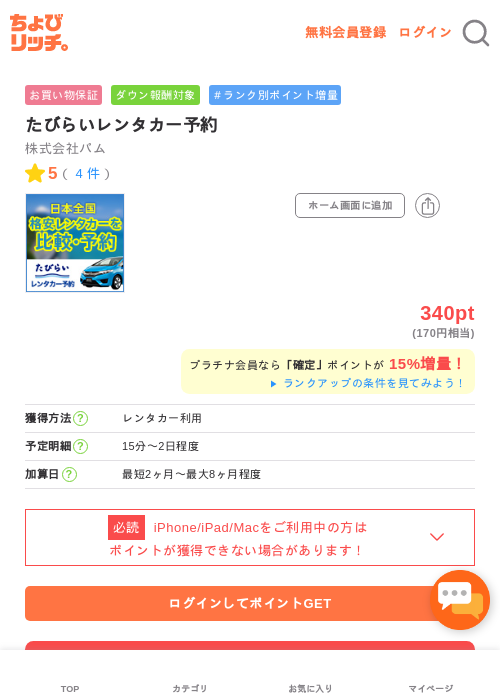 たびらいレンタカー予約の過去最高画像（ちょびリッチ・2026年5月2日）