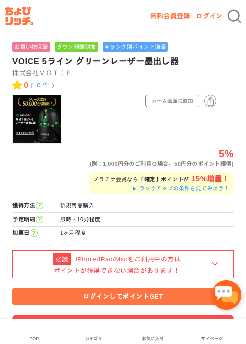 VOICE 5ライン グリーンレーザー墨出し器の過去最高画像（ちょびリッチ・2026年5月1日）