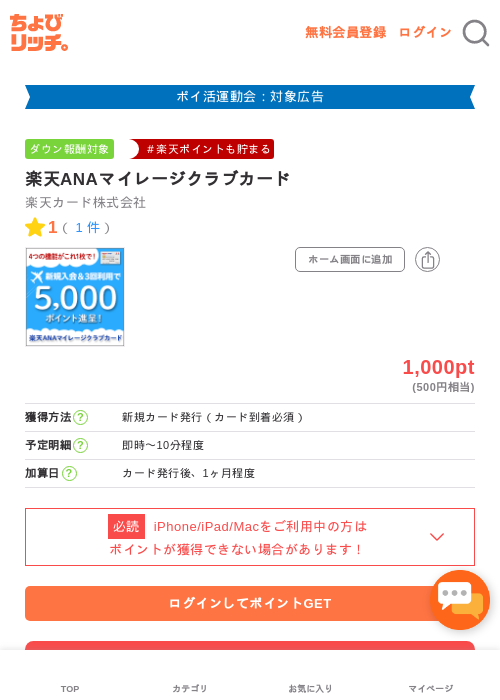 楽天ANAマイレージクラブカードの過去最高画像（ちょびリッチ・2026年4月27日）