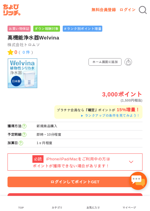 高機能浄水器Welvinaの過去最高画像（ちょびリッチ・2026年5月2日）