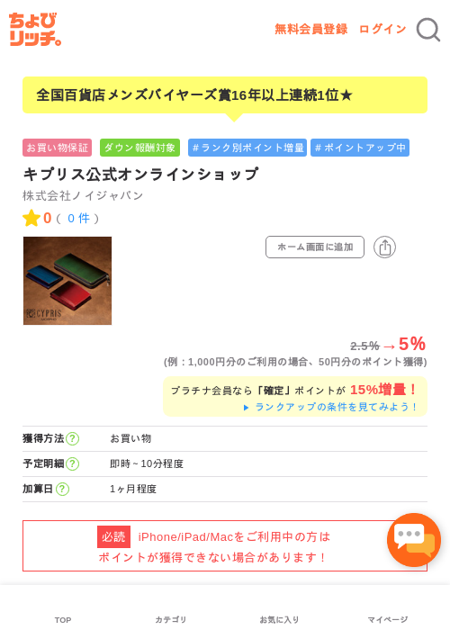 キプリス公式オンラインショップの過去最高画像（ちょびリッチ・2026年5月1日）
