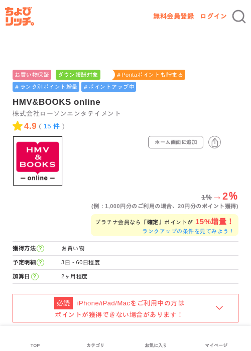 HMV&BOOKS onlineの掲載記録画像（ちょびリッチ・2026年6月15日）