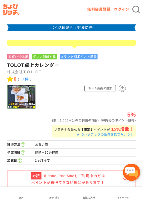 TOLOT卓上カレンダーの過去最高画像（ちょびリッチ・2026年4月30日）