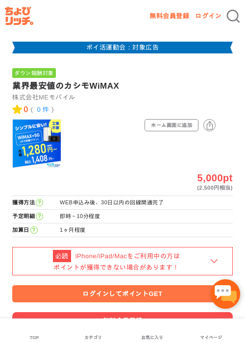 業界最安値のカシモWiMAXの過去最高画像（ちょびリッチ・2026年4月28日）