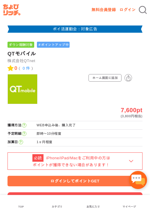 QTモバイルの掲載記録画像(ちょびリッチ・2026年4月28日)