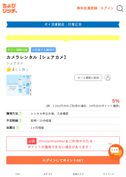 カメラレンタル【シェアカメ】の過去最高画像（ちょびリッチ・2026年4月27日）