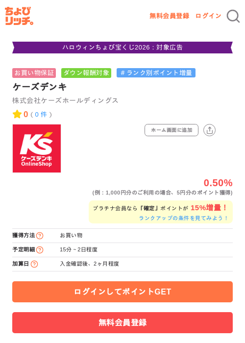 ケーズデンキの掲載記録画像（ちょびリッチ・2026年10月16日）