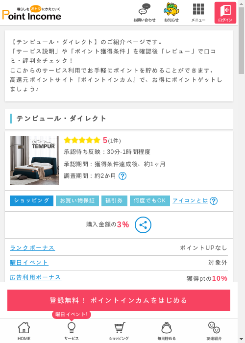 テンピュール・ダイレクトの掲載記録画像（ポイントインカム・2026年3月11日）
