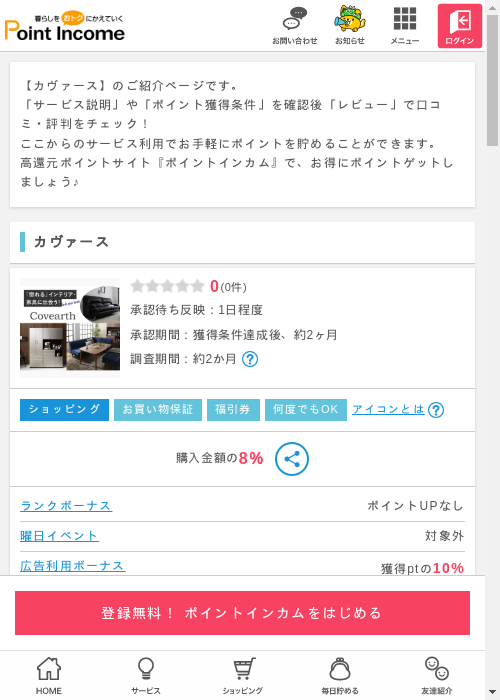 カヴァースの掲載記録画像（ポイントインカム・2026年3月13日）