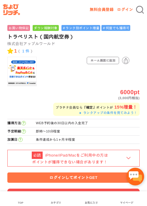 トラベリスト（国内航空券）の過去最高画像（ちょびリッチ・2026年5月2日）