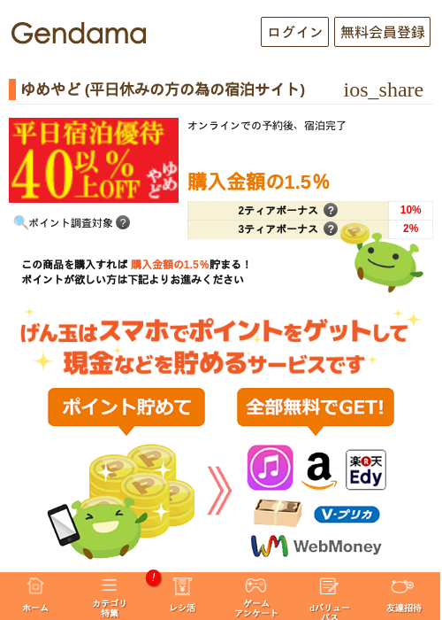 ゆめやど (平日休みの方の為の宿泊サイト)の掲載記録画像（げん玉・2026年5月5日）