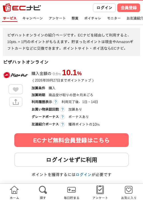 ピザハットオンラインの掲載記録画像（ECナビ・2026年9月18日）