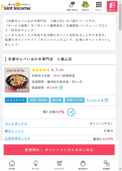京都せんべいおかき専門店　小倉山荘の過去最高画像（ポイントインカム・2026年3月9日）