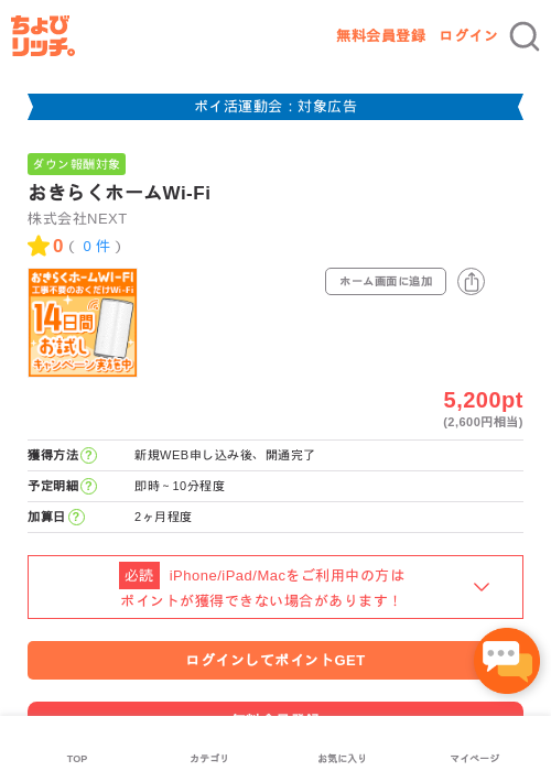 おきらくホームWi-Fiの過去最高画像（ちょびリッチ・2026年4月30日）
