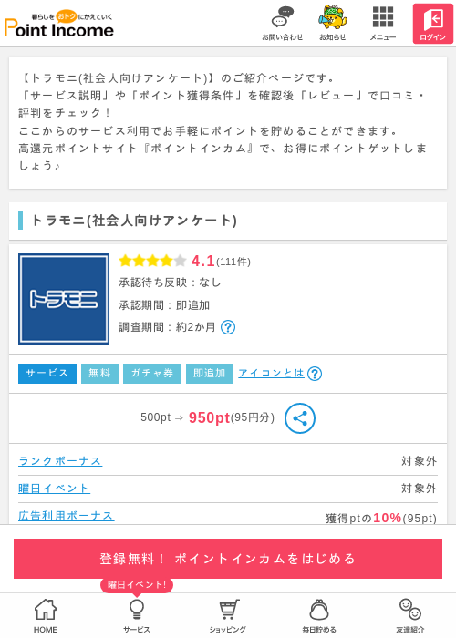 トラモニ(社会人向けアンケート)の過去最高画像（ポイントインカム・2026年4月22日）