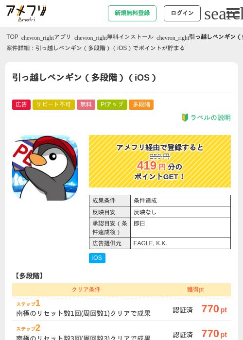 引っ越しペンギン（多段階）（iOS）の過去最高画像（アメフリ・2026年4月27日）