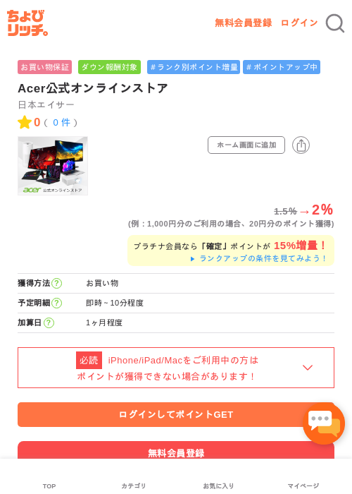 Acer公式オンラインストアの過去最高画像（ちょびリッチ・2026年5月1日）