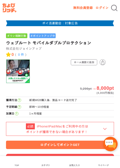 ウェブルート モバイルダブルプロテクションの過去最高画像（ちょびリッチ・2026年4月28日）