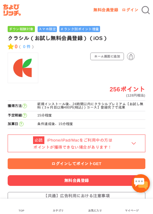 クラシル（お試し無料会員登録）（iOS）の過去最高画像（ちょびリッチ・2026年5月4日）