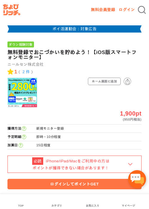 無料登録でおこづかいを貯めよう！【iOS版スマートフォンモニター】の過去最高画像（ちょびリッチ・2026年4月28日）