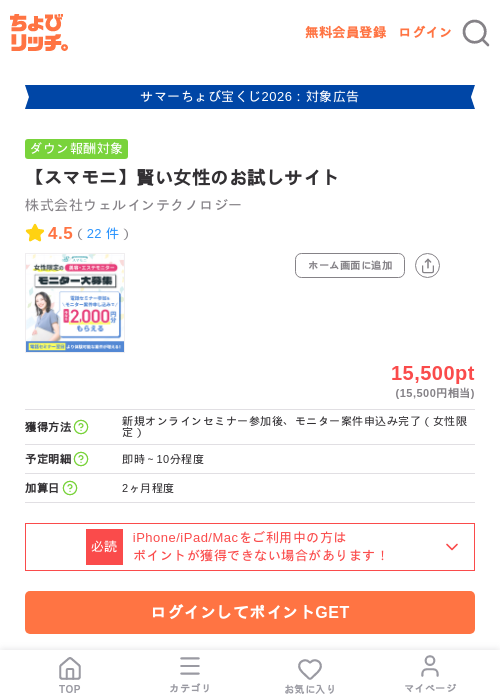 【スマモニ】賢い女性のお試しサイトの掲載記録画像（ちょびリッチ・2026年8月25日）