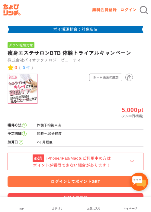 痩身エステサロンBTB 体験トライアルキャンペーンの過去最高画像（ちょびリッチ・2026年4月30日）