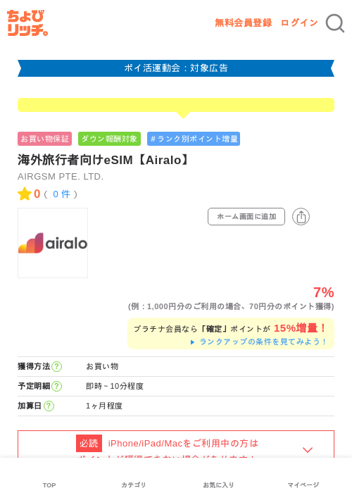 海外旅行者向けeSIM【Airalo】の過去最高画像（ちょびリッチ・2026年4月30日）