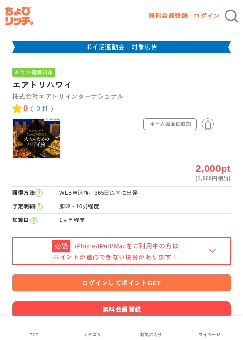 エアトリハワイの過去最高画像（ちょびリッチ・2026年4月28日）