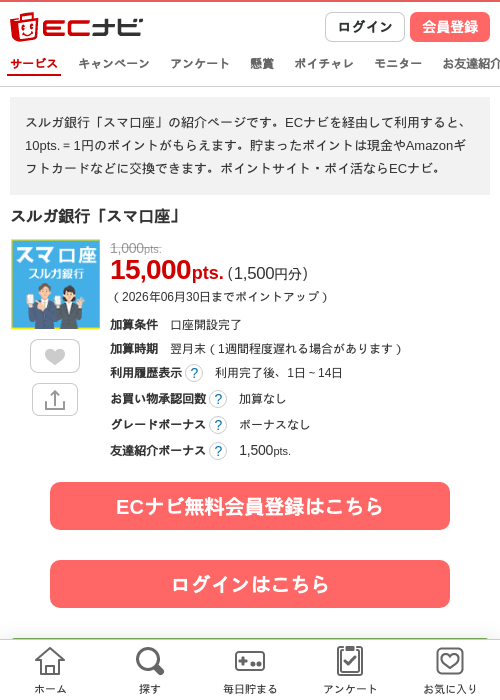 スルガ銀行「スマ口座」の掲載記録画像（ECナビ・2026年6月26日）