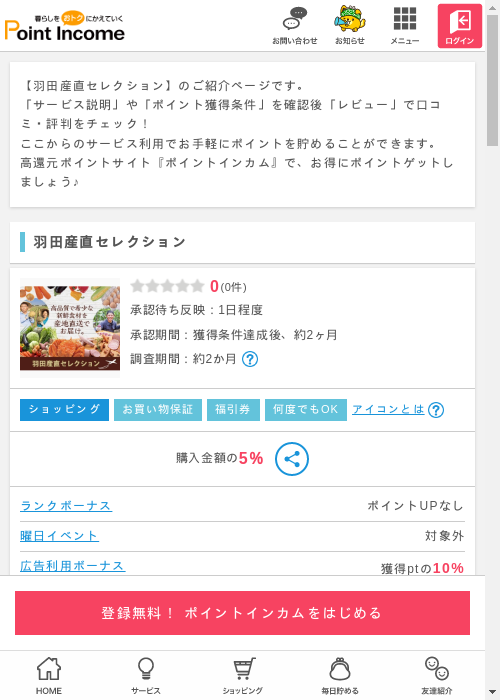 羽田産直セレクションの掲載記録画像（ポイントインカム・2026年3月9日）