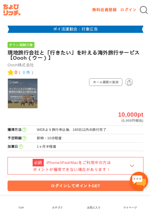 現地旅行会社と「行きたい」を叶える海外旅行サービス【Oooh（ウー）】の掲載記録画像（ちょびリッチ・2026年4月28日）