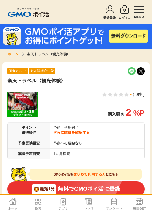 楽天トラベル 観光体験の過去最高画像（GMOポイ活・2026年4月6日）