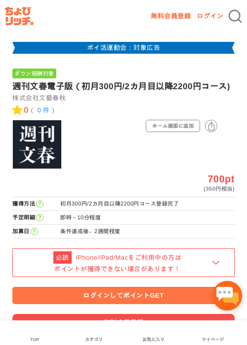 週刊文春電子版（初月300円/2カ月目以降2200円コース)の過去最高画像（ちょびリッチ・2026年4月28日）