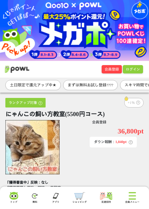 にゃんこの飼い方教室(5500円コース)の掲載記録画像（Powl・2026年8月1日）