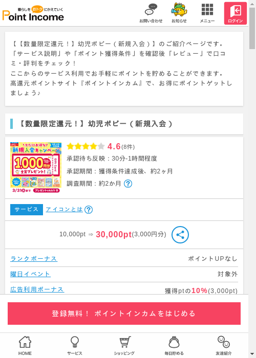 【ポイントインカム独占還元！】幼児ポピー（新規入会）の過去最高画像（ポイントインカム・2026年3月13日）