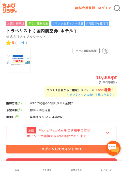 トラベリスト（国内航空券+ホテル）の過去最高画像（ちょびリッチ・2026年5月2日）