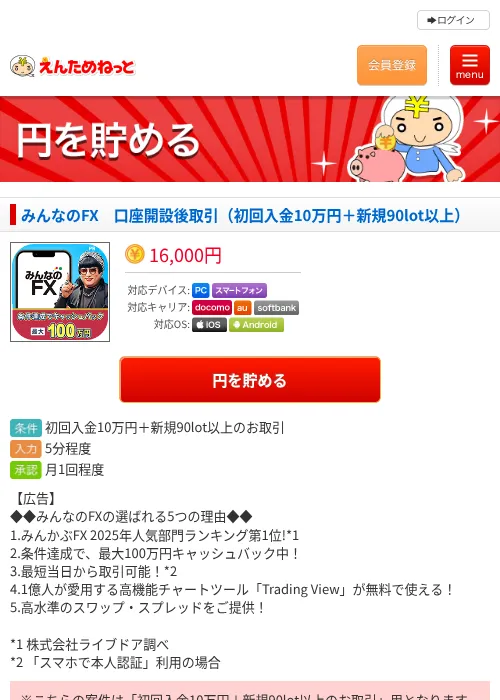 みんなのFX　口座開設後取引（初回入金10万円＋新規90lot以上）の過去最高画像（えんためねっと・2026年6月10日）