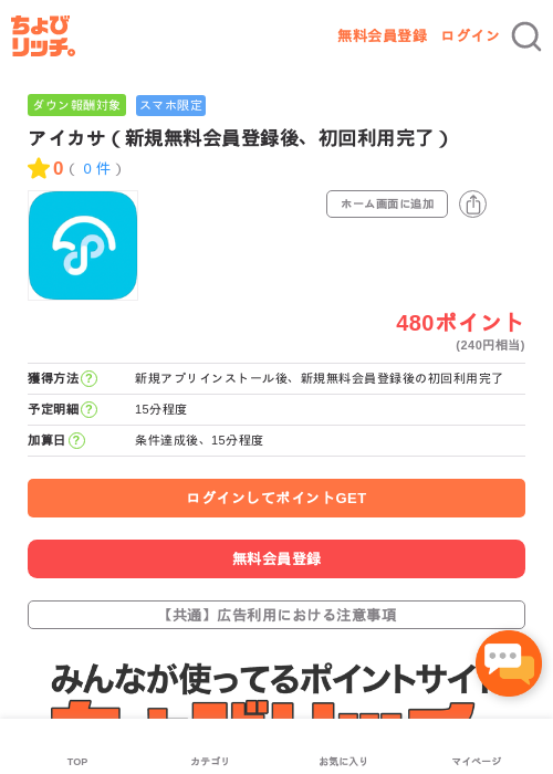 アイカサ（新規無料会員登録後、初回利用完了）の過去最高画像（ちょびリッチ・2026年5月3日）