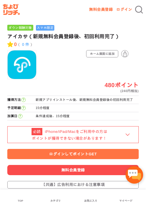 アイカサ（新規無料会員登録後、初回利用完了）の過去最高画像（ちょびリッチ・2026年5月2日）