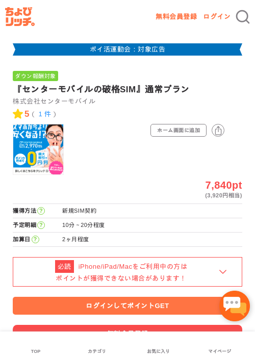 『センターモバイルの破格SIM』通常プランの過去最高画像（ちょびリッチ・2026年4月30日）