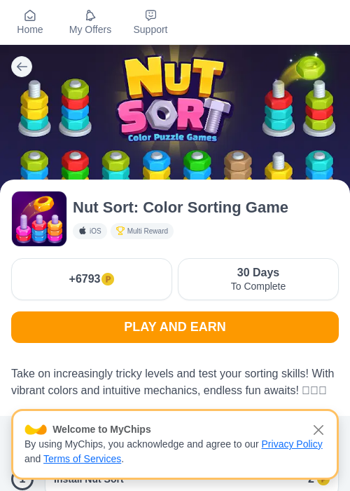 Nut Sort: Color Sorting Gameの掲載記録画像（モッピー（myChips）・2026年6月27日）