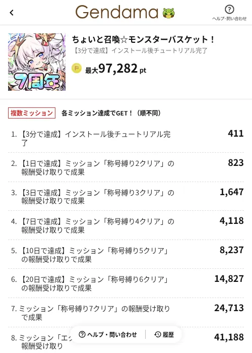 ちょいと召喚☆モンスターバスケット!の掲載記録画像(げん玉(AppDriver)・2026年8月28日)