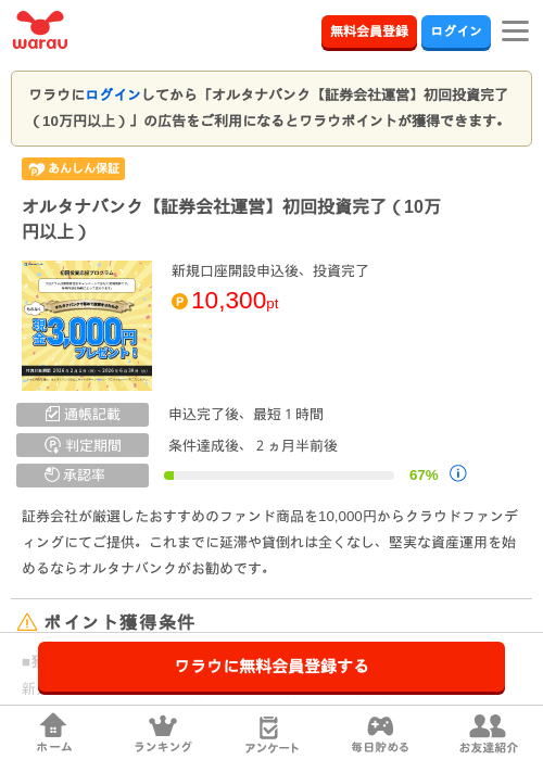 オルタナバンク【証券会社運営】初回投資完了（10万円以上）の過去最高画像（ワラウ・2026年5月3日）