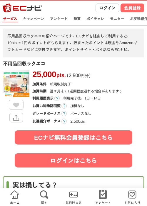 不用品回収ラクエコの掲載記録画像（ECナビ・2026年4月23日）