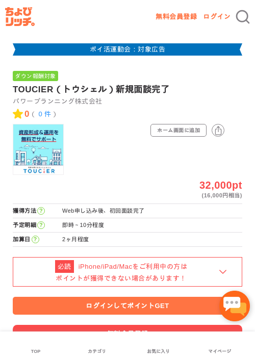 TOUCIER（トウシェル）新規面談完了の過去最高画像（ちょびリッチ・2026年4月30日）