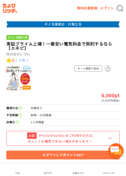 東証プライム上場！一番安い電気料金で契約するなら【エネピ】の過去最高画像（ちょびリッチ・2026年4月30日）