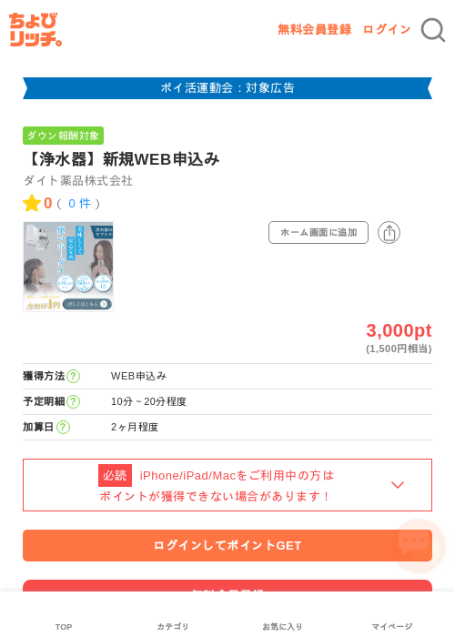【浄水器】新規WEB申込みの過去最高画像（ちょびリッチ・2026年4月30日）