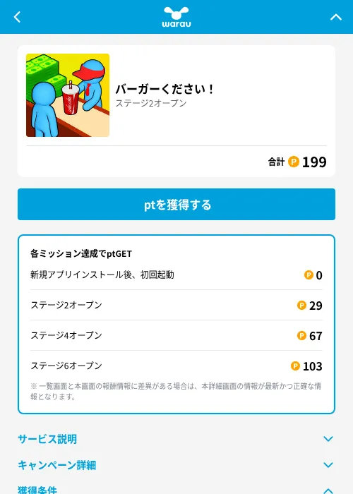 バーガーください！の掲載記録画像（ワラウ（GF Rewards）・2026年6月19日）