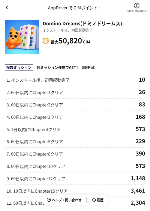 Domino Dreams(ドミノドリームス)の掲載記録画像（COINCOME（AppDriver）・2026年6月20日）